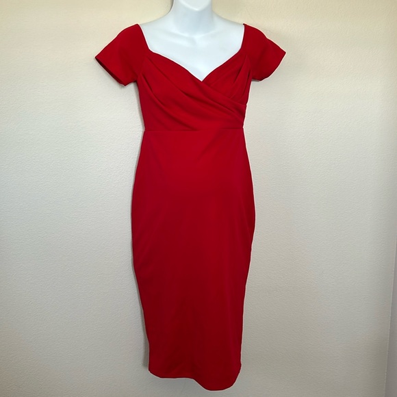 PinkBlush Red Solid Off Shoulder Sweetheart Neckline Maternity Fitted Dress - Picture 4 of 10